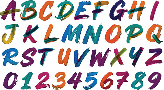 Handwritten brush stroke alphabet and numbers, colorful painted font set, artistic calligraphy lettering vector for creative branding and posters