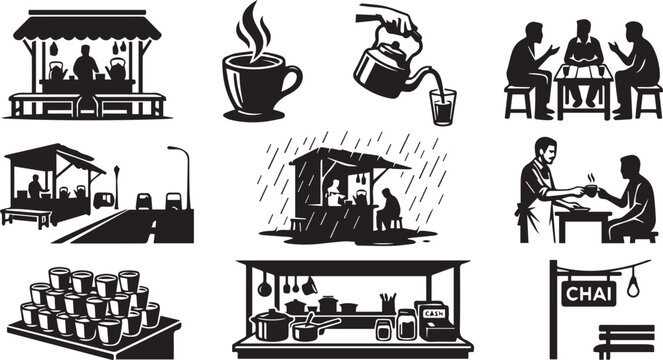 Pakistani chai dhaba vector set &ndash; traditional tea stall silhouette with street vendor, kulhad cups and kettle, South Asian culture illustration
