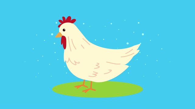 White chicken cartoon animation standing on green grass field with blue sky background and floating bubbles.