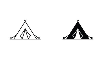 Simple camping tent icon set with outline and filled styles for hiking adventure and outdoor recreation design projects © Mirage