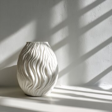 A textured, ovular white vase with wavy patterns stands in stark light