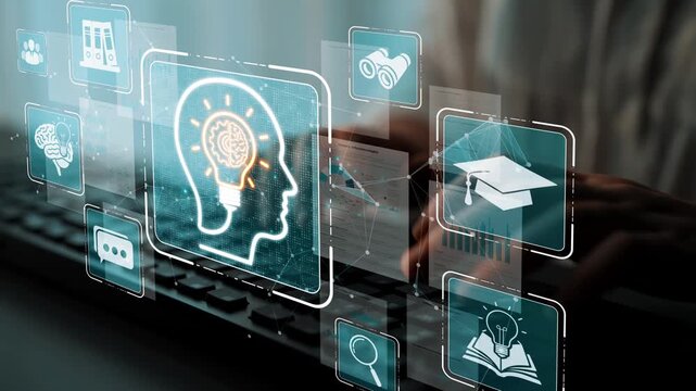 Digital Innovation and Learning Concept with Brain and Icons Representing Knowledge Management and Education. Sigmoid
