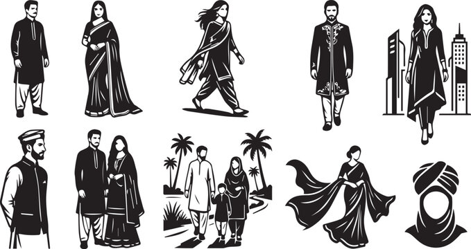 South Asian wedding vector set 2 &ndash; Pakistani bridal ceremony silhouette collection with nikah, mehndi and celebration elements, black and white cultural illustration
