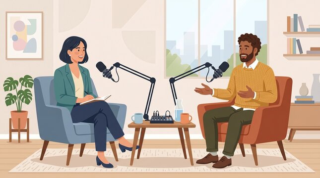 Engaging professional podcast interview with a host and guest discussing important topics in a modern studio setting, fostering insightful communication