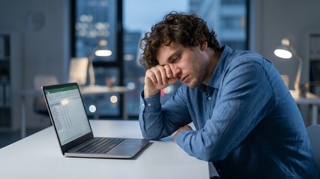 Exhausted Businessman Staring at Laptop Late Night Office