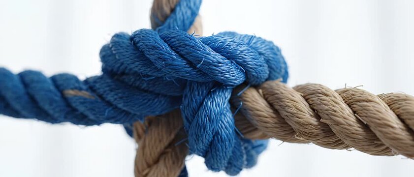Close-up view of a strong knot tying together a blue rope and a brown rope, symbolizing connection and unity.