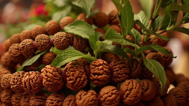 Rudraksha beads garland worn by devotees during Indian religious festival