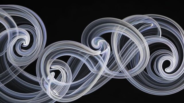 Flowing smoke patterns create intricate swirls and curves against a black background, showcasing dynamic movement and ethereal beauty in a continuous visual sequence