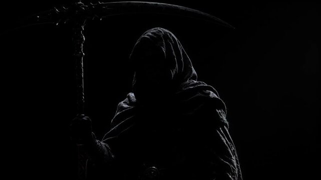 Dark Hooded Figure Holding a Menacing Spiked Weapon Against a Black Background Cinematic Portrait