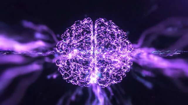 Electric brain illustration glowing with purple and blue light waves, neon electric data streams symbolizing neural energy and digital intelligence in futuristic abstract neural network design