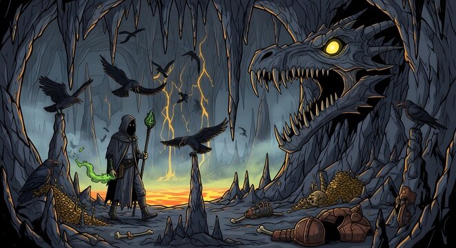 A lone sorcerer confronts a formidable ancient dragon within a stormy, treasure-filled cavern, accompanied by ominous ravens and crackling magic