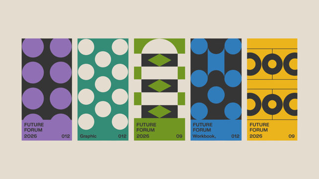 Five vertical posters with abstract geometric patterns and text on a beige background high quality professional