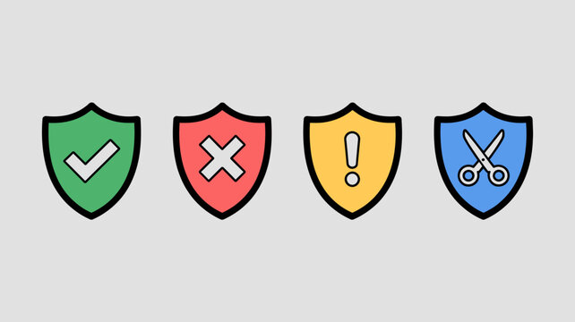 Four shield icons with checkmark cross exclamation mark and scissors high quality professional detailed modern elegant