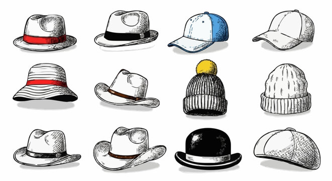 Set of various hats Hand drawn colored trendy Vector illustrations.  black and white style. Isolated on white background