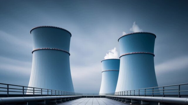 Cooling towers of a power plant release steam into the atmosphere, showcasing a gradual increase in steam output across three sequential frames in an industrial setting