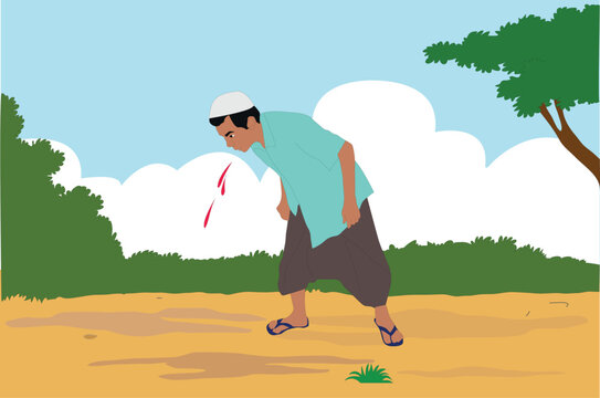 hygiene health habit awareness betel leaf paan spitting everywhere poor indian bangladeshi rohingya brown man wearing lungi tupi cap