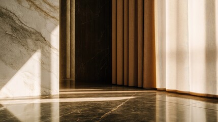 Fototapeta na wymiar Minimalist interior showcasing luxurious marble walls and floor with warm brown curtains, accentuating the natural sunlight streaming through and casting striking shadows across the polished surface