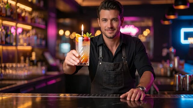 Smiling bartender serving colorful cocktail in stylish neon bar, modern nightlife hospitality scene with mixology, entertainment and social leisure atmosphere.