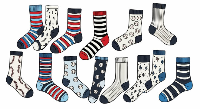 set of various baseball socks Hand drawn colored trendy Vector illustrations.  Cartoon style. Isolated on white background