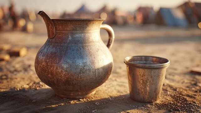 Metal Pot and Cup Placed on Dusty Ground at an Indian Religious Event
