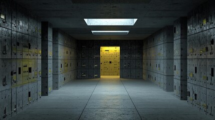 Fototapeta premium Bunker corridor in an underground facility with raw concrete walls, control panels and glowing entrance, evoking a secure, tech driven, futuristic industrial environment