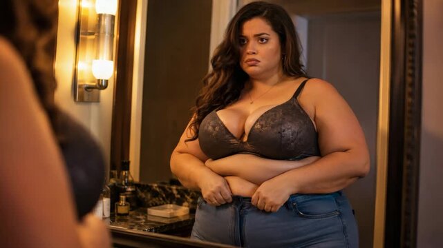 Curvy woman struggling to button jeans in bathroom mirror, realistic body image, fashion sizing and personal wellness lifestyle scene at home.