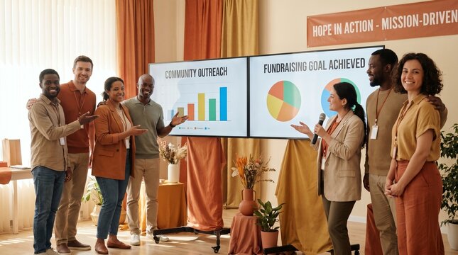 Diverse Non Profit Team Presenting Fundraising Results In Office
