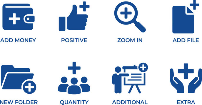 Add money positive zoom in add file new folder quantity additional and extra symbols for interface design project.