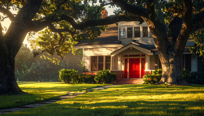 Obraz premium Beautiful American Craftsman Home Bathed in Golden Hour Sunlight.