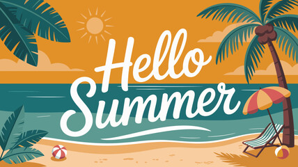 Hello summer typography with beach scene palm trees and ocean waves illustration high quality professional detailed © Raian