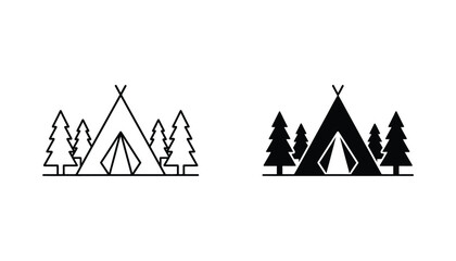 Camping tent with pine trees icon set for wilderness adventure and forest travel design elements © Ethereal