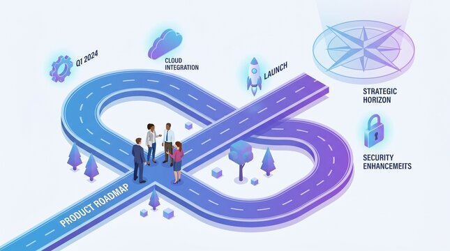Business Team Planning Product Roadmap on Isometric Path