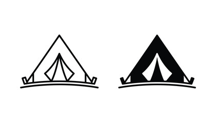 Camping tent outdoor shelter vector icon set with outline and solid black silhouette for travel and adventure activity branding projects © Ethereal