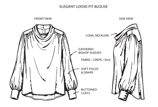 Elegant loose-fit blouse with cowl neckline and gathered bishop sleeves