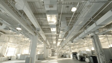Naklejka premium Empty interior of a modern industrial warehouse or factory building, showing bright white ceiling, vents, pipes, lights, and structural columns with abundant natural light