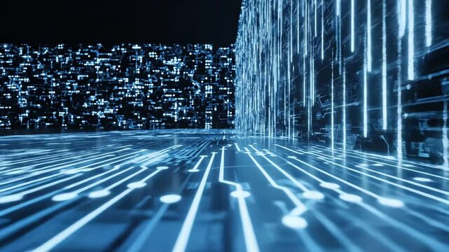 Abstract digital circuit board with glowing blue lines and a waterfall of data streams cascading down.