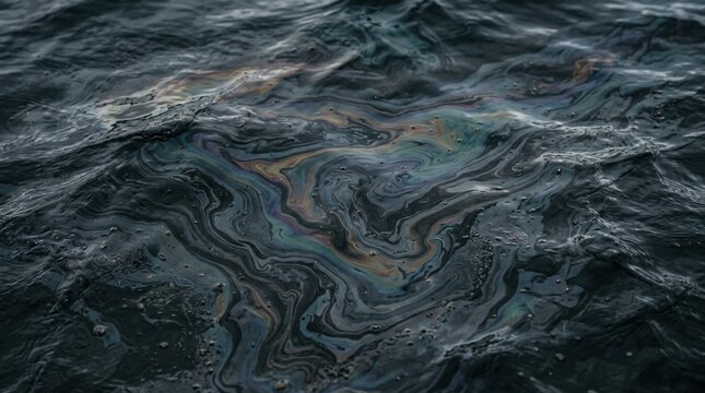 An oil slick spreads across a body of water. The surface reflects various colors creating a rainbow effect.