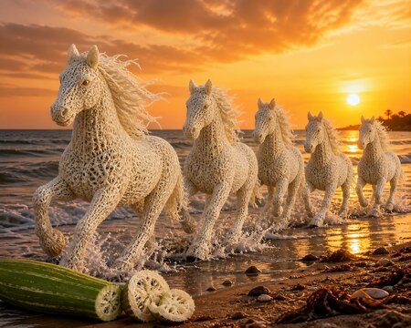 Artistic concept of horses galloping through ocean waves at sunset made from natural luffa sponge gourd fiber