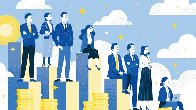 Business team standing on growing bar charts representing financial success and career growth illustration.