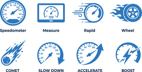 Automotive performance speedometer icons including measurement rapid wheel comet slow down accelerate and boost. © Emongrapic