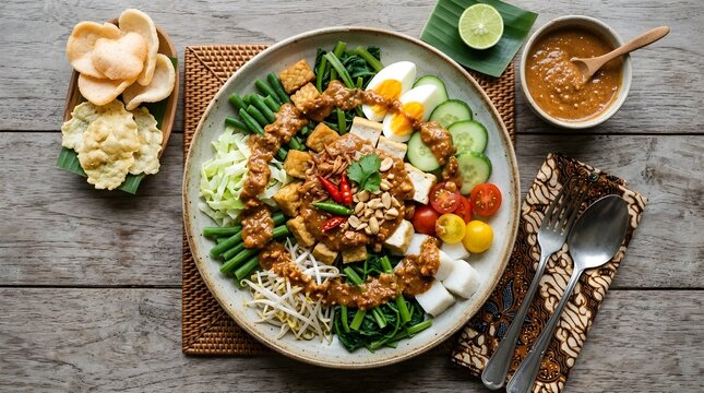 Traditional Indonesian vegetable salad with tofu, tempeh and peanut sauce, representing healthy and authentic local cuisine.