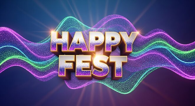 3d golden happy fest text with colorful light trails on dark background