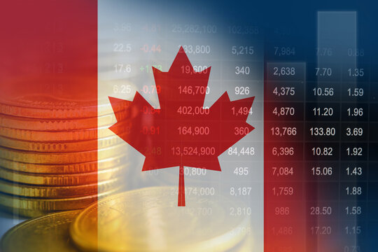 Canada flag with stock market finance, economy trend graph digital technology.