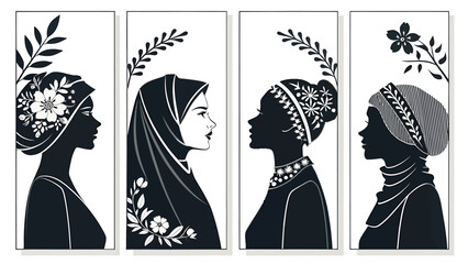 Obraz premium Four diverse women wearing headscarves and floral patterns in silhouette on white background