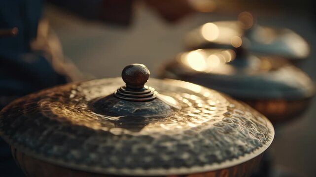 Person playing traditional Indian metal hand cymbals during festival