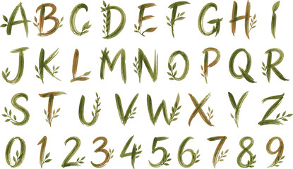 Watercolor botanical alphabet vector set, green leaf font with numbers, organic floral typography for wedding invitations and branding © Muhammad
