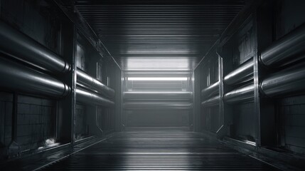 Fototapeta premium Dark, empty futuristic industrial corridor leading towards a bright light source, featuring complex metallic pipes running along the sidewalls and a ribbed ceiling and floor