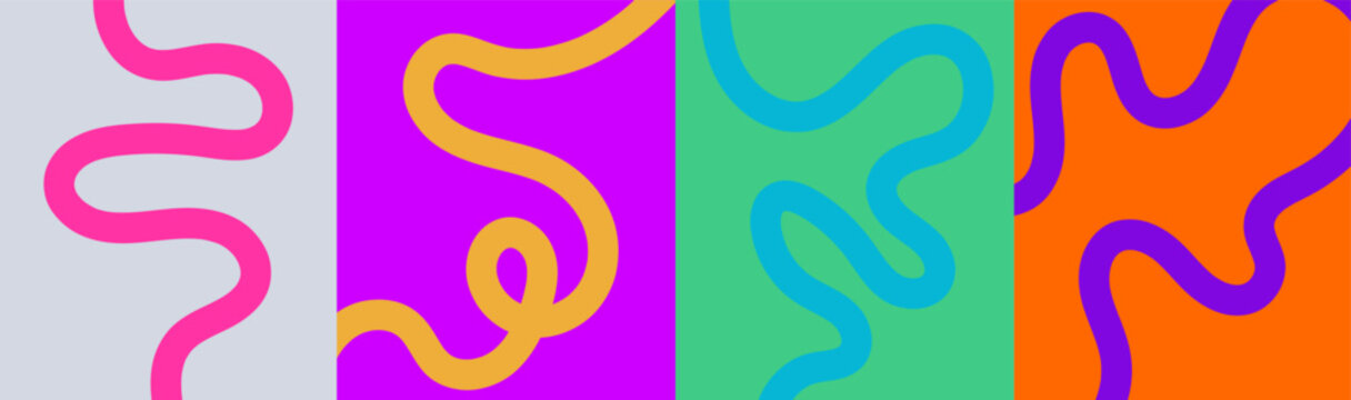 Four brightly colored squares with wavy lines creative modern art design backgrounds.