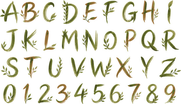 Watercolor botanical alphabet vector set, green leaf font with numbers, organic floral typography for wedding invitations and branding