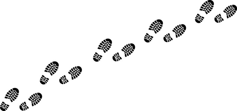 Footprint path, boot imprints in a line, diagonal direction on grey.